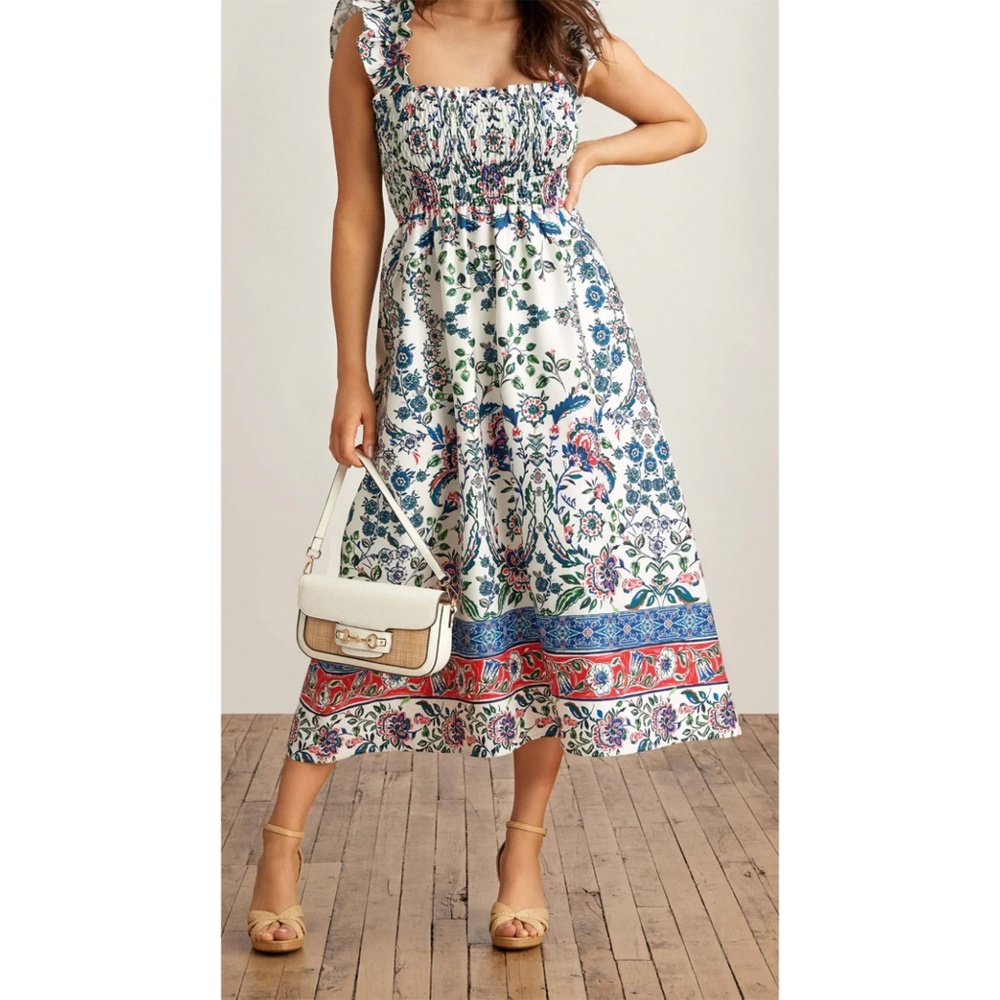 NWT Anne Klein smocked ruffle sleeve floral print midi dress